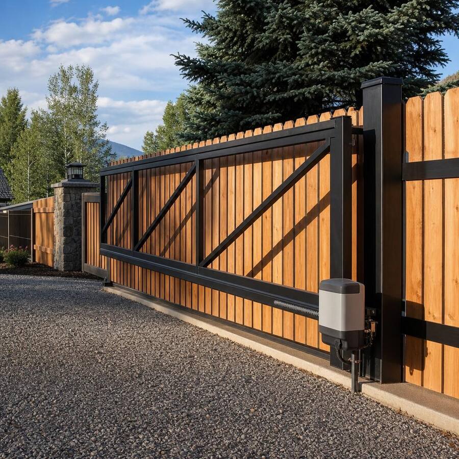 Automated cantilever sliding gate with steel frame and cedar infill
