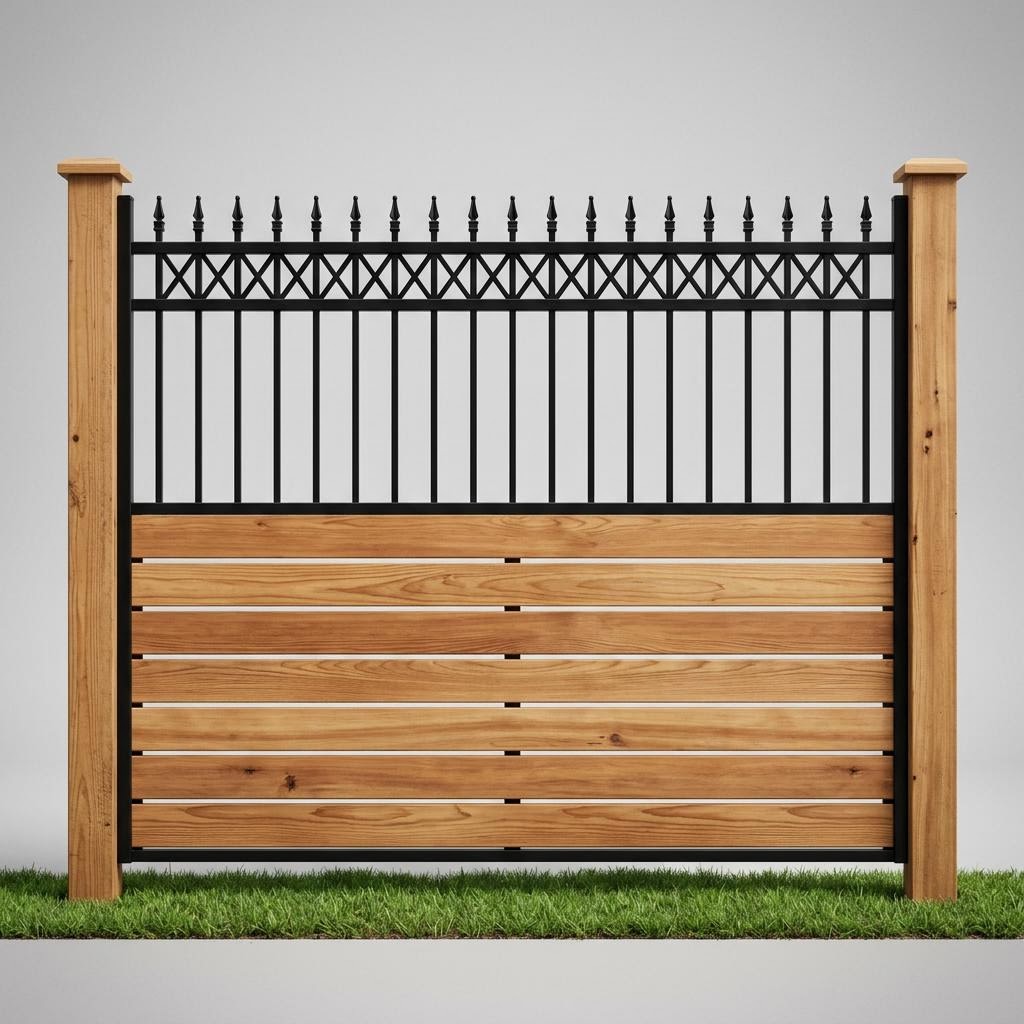 Mixed wood and ornamental iron style custom fencing
