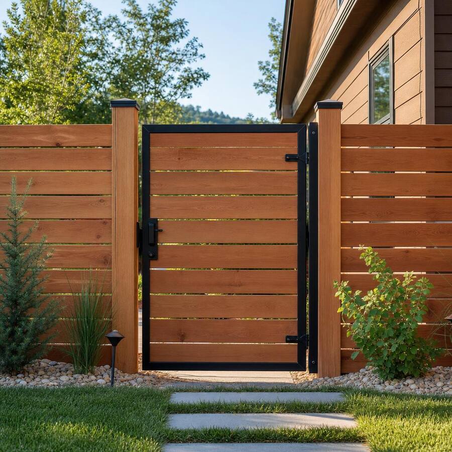 Custom horizontal cedar gate with black steel frame