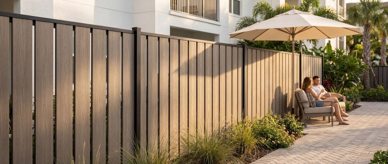Frame It All semi-privacy composite picket fence along a paver walkway
