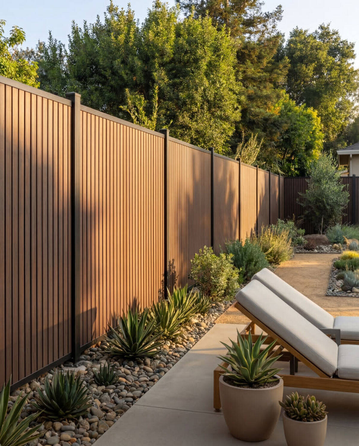 Frame It All Valla Horizon semi-privacy composite fence in River Birch along a landscaped yard